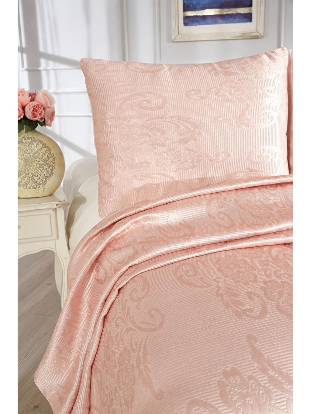 Karışık Lale Çift Kişilik Yatak Örtüsü Pudra-5