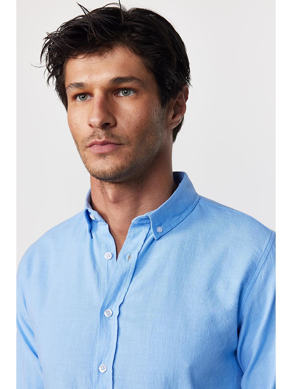 Slim Fit Uzun Kollu Biyeli Yaka Düğmeli Keten Mavi Erkek Gömlek-1