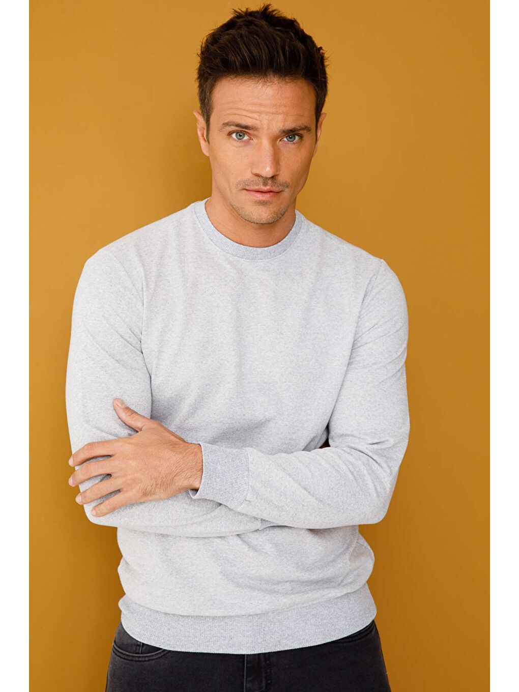 Erkek A.Gri Modernfit / Ekstra Dar Kalıp Bisiklet Yaka Sweatshirt