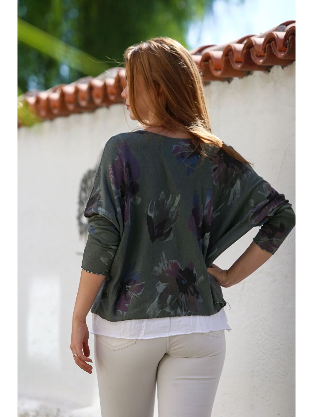 İtalyan Haki Havuz Yaka Uzun Kol Desenli İnce İkili Set İçi Kolsuz Penye Triko Bluz 70 60-7