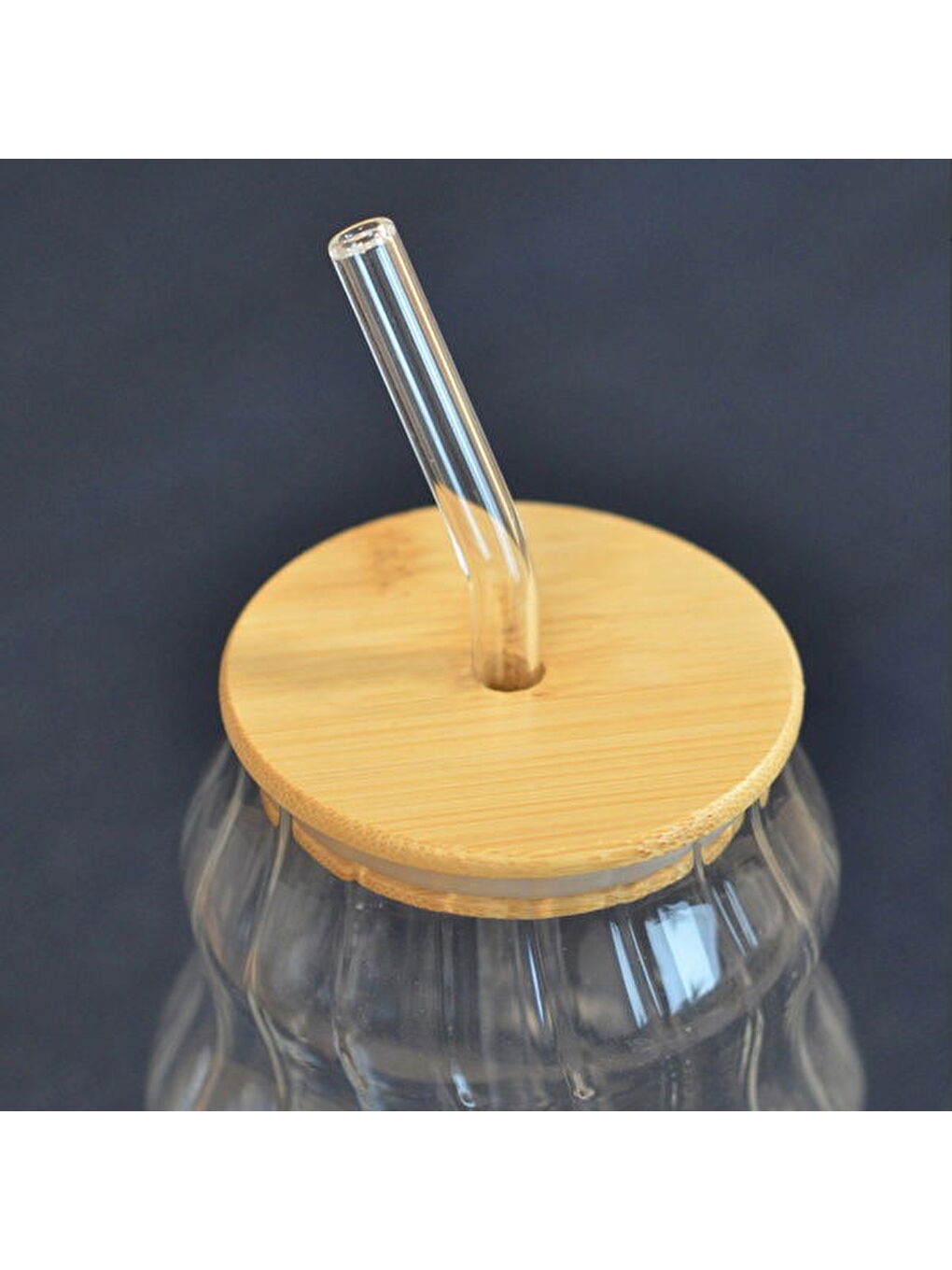 Bambu Kapaklı Pipetli Çizgili Bardak - Açık Kahverengi / Şeffaf - 450 ml-2