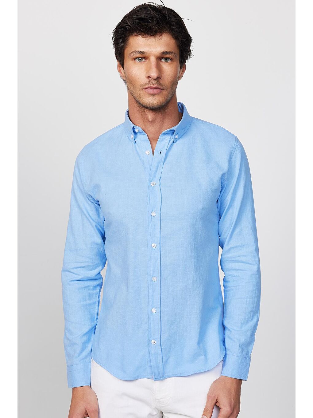 Slim Fit Uzun Kollu Biyeli Yaka Düğmeli Keten Mavi Erkek Gömlek-2