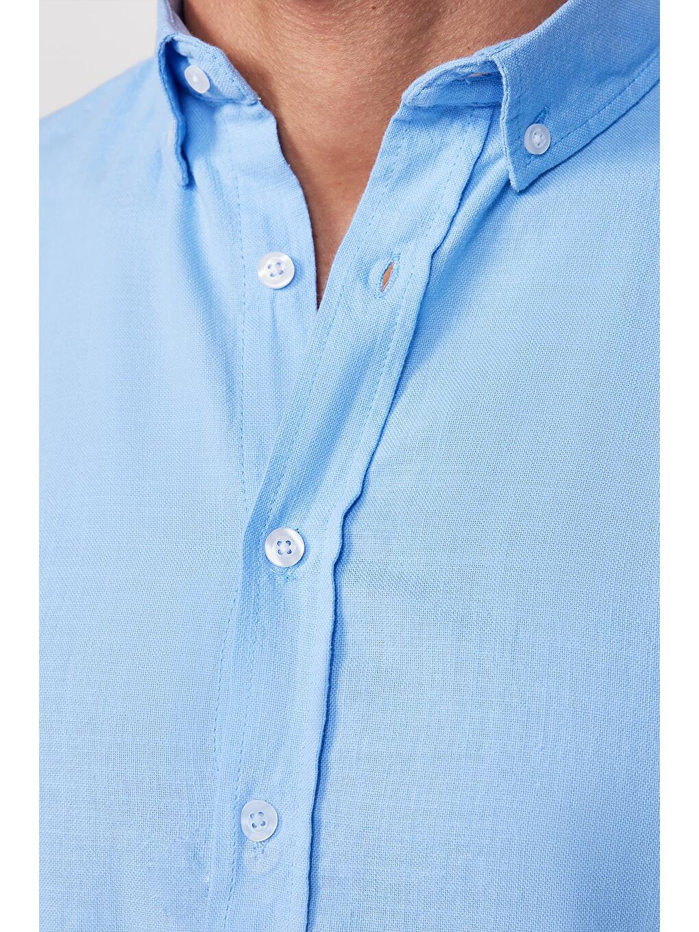 Slim Fit Uzun Kollu Biyeli Yaka Düğmeli Keten Mavi Erkek Gömlek-3
