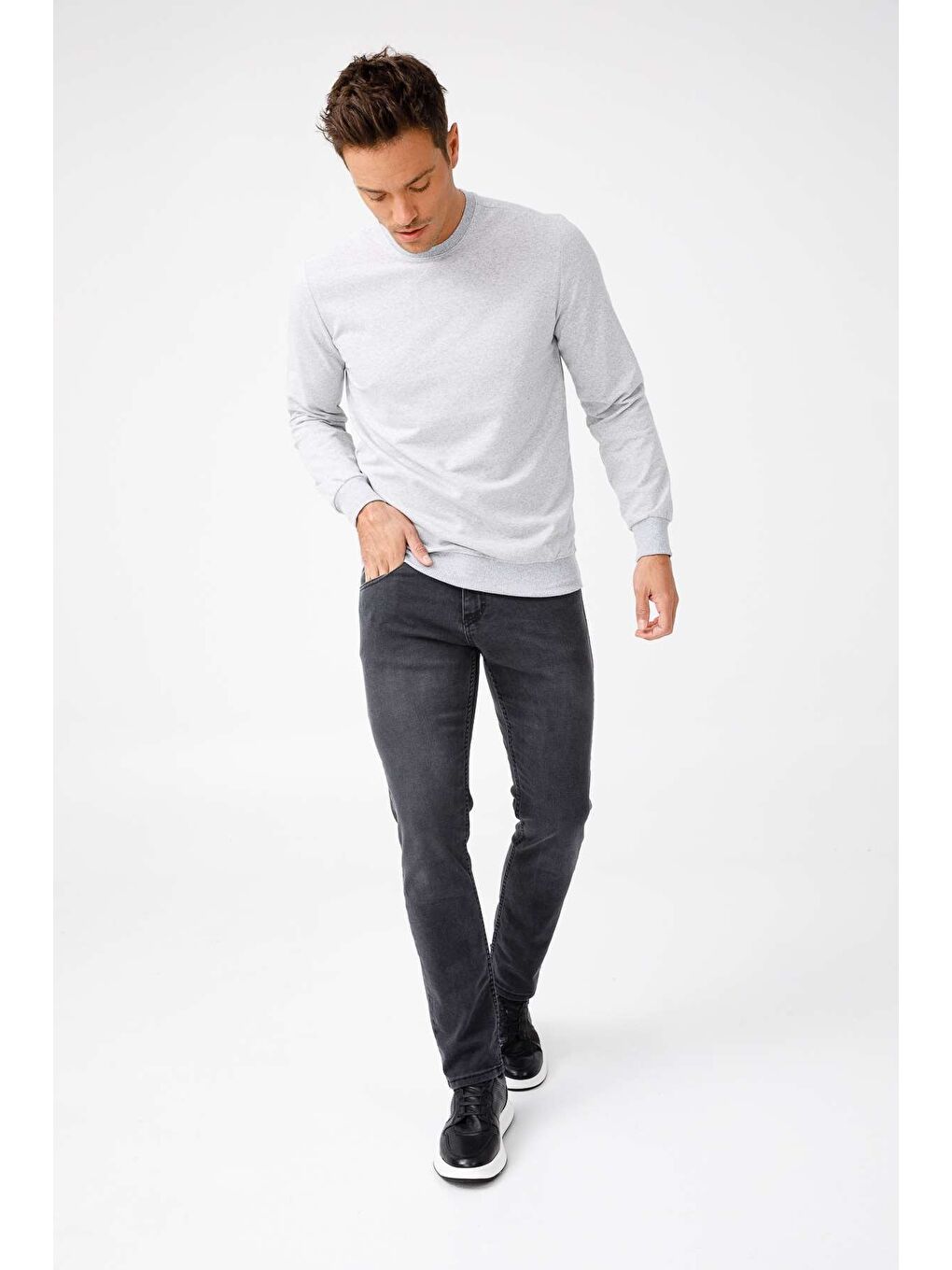 Erkek A.Gri Modernfit / Ekstra Dar Kalıp Bisiklet Yaka Sweatshirt-2