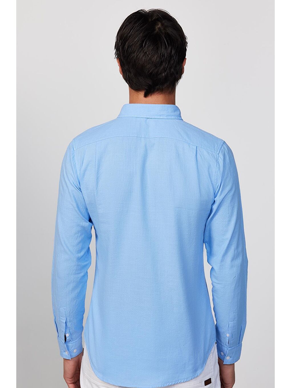 Slim Fit Uzun Kollu Biyeli Yaka Düğmeli Keten Mavi Erkek Gömlek-4