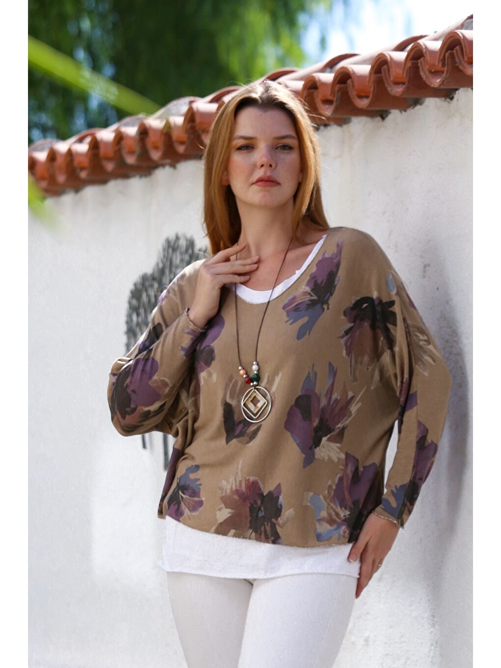 Kahverengi İtalyan Camel Havuz Yaka Uzun Kol Desenli İnce İkili Set İçi Kolsuz Penye Triko Bluz 70 60-2