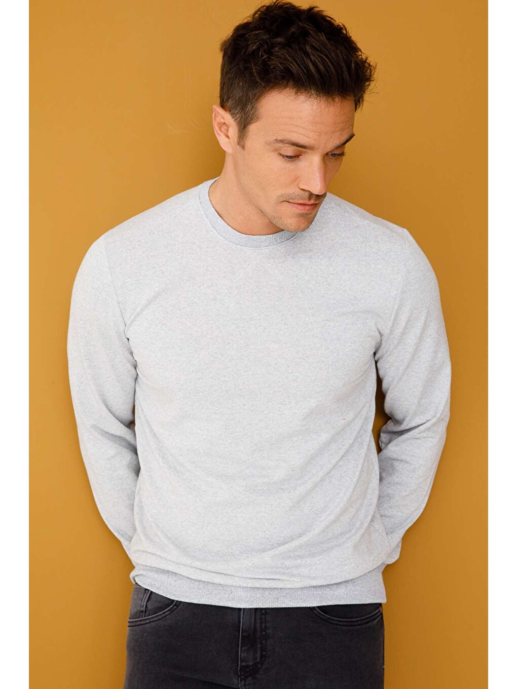 Erkek A.Gri Modernfit / Ekstra Dar Kalıp Bisiklet Yaka Sweatshirt-5