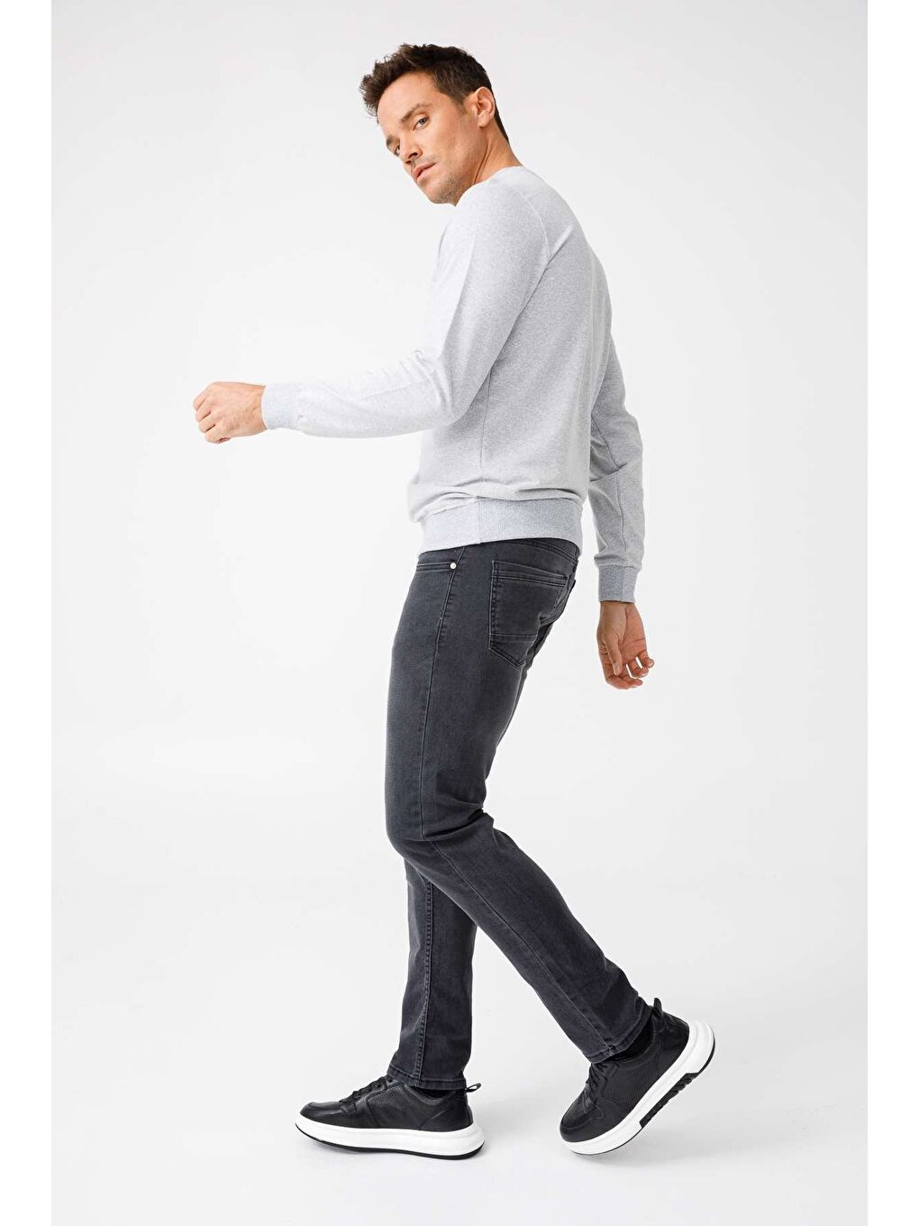 Erkek A.Gri Modernfit / Ekstra Dar Kalıp Bisiklet Yaka Sweatshirt-6