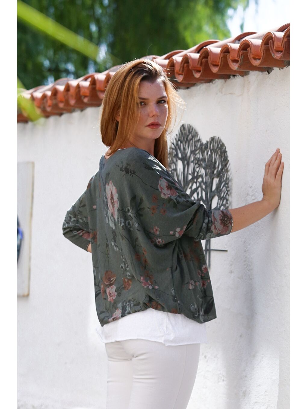 İtalyan Haki Havuz Yaka Uzun Kol Desenli İnce İkili Set İçi Kolsuz Penye Triko Bluz 70 60-1