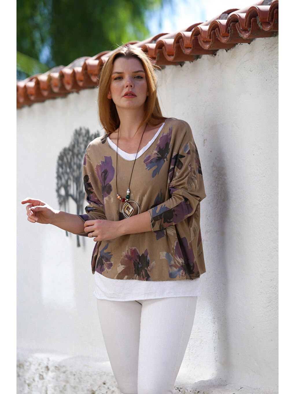 Kahverengi İtalyan Camel Havuz Yaka Uzun Kol Desenli İnce İkili Set İçi Kolsuz Penye Triko Bluz 70 60-4