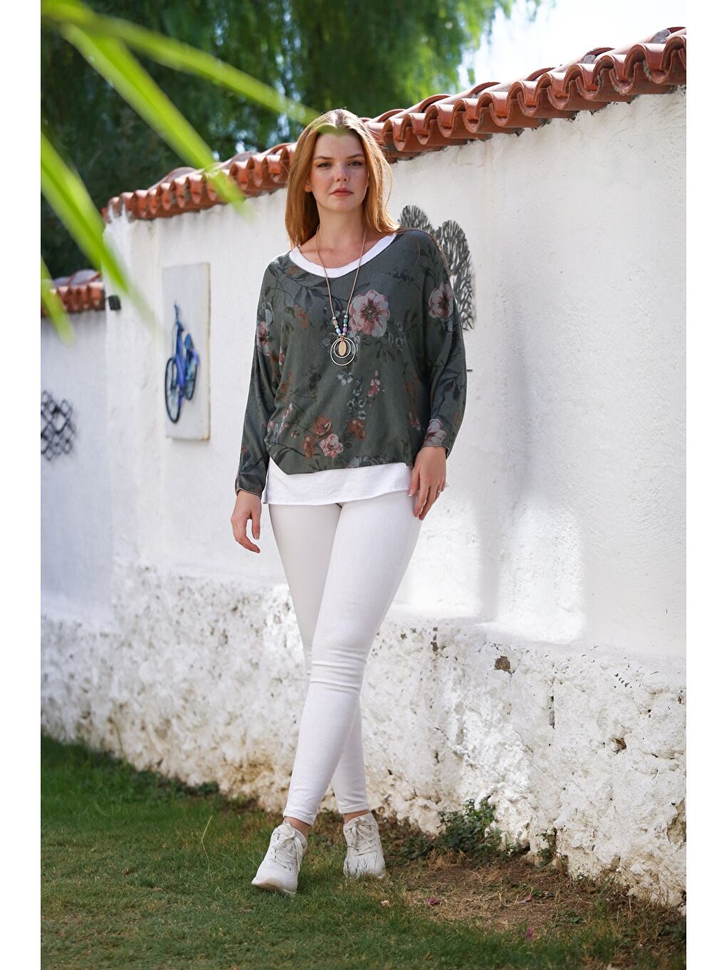 İtalyan Haki Havuz Yaka Uzun Kol Desenli İnce İkili Set İçi Kolsuz Penye Triko Bluz 70 60-2