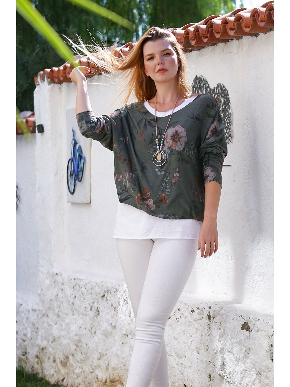 İtalyan Haki Havuz Yaka Uzun Kol Desenli İnce İkili Set İçi Kolsuz Penye Triko Bluz 70 60-3