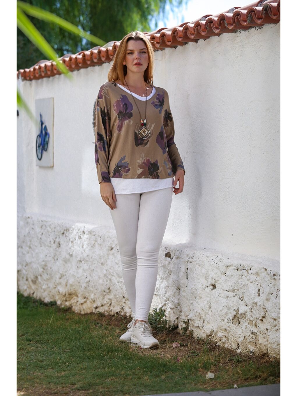 Kahverengi İtalyan Camel Havuz Yaka Uzun Kol Desenli İnce İkili Set İçi Kolsuz Penye Triko Bluz 70 60-6