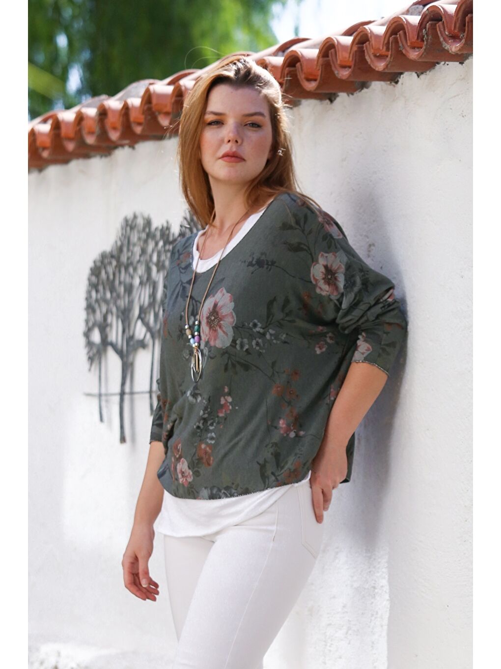 İtalyan Haki Havuz Yaka Uzun Kol Desenli İnce İkili Set İçi Kolsuz Penye Triko Bluz 70 60-5