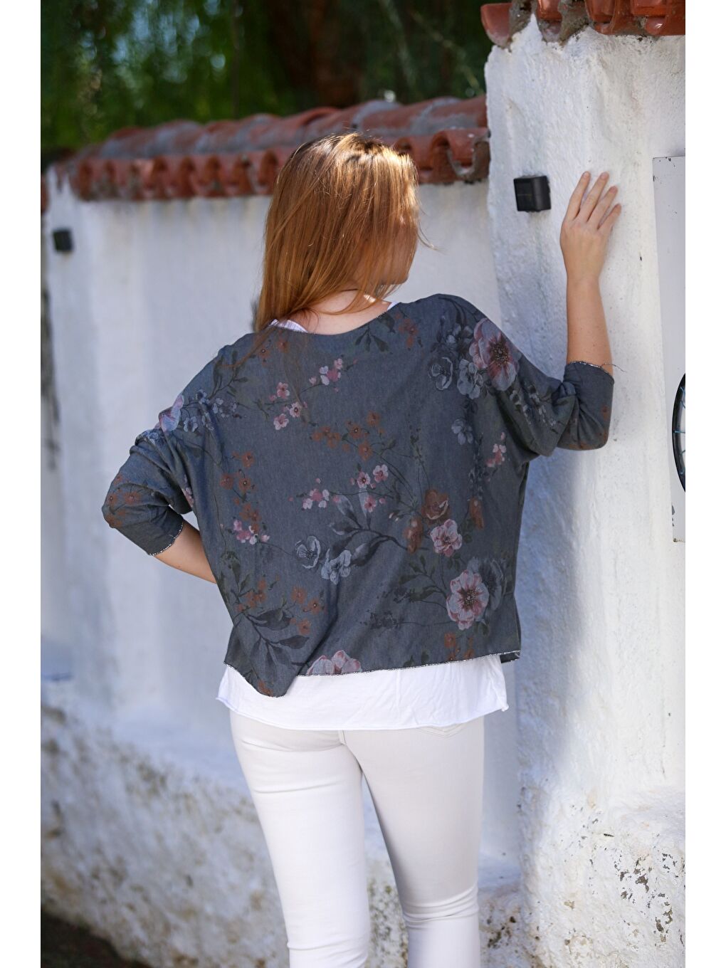 İtalyan İndigo Havuz Yaka Uzun Kol Desenli İnce İkili Set İçi Kolsuz Penye Triko Bluz 70 60-1