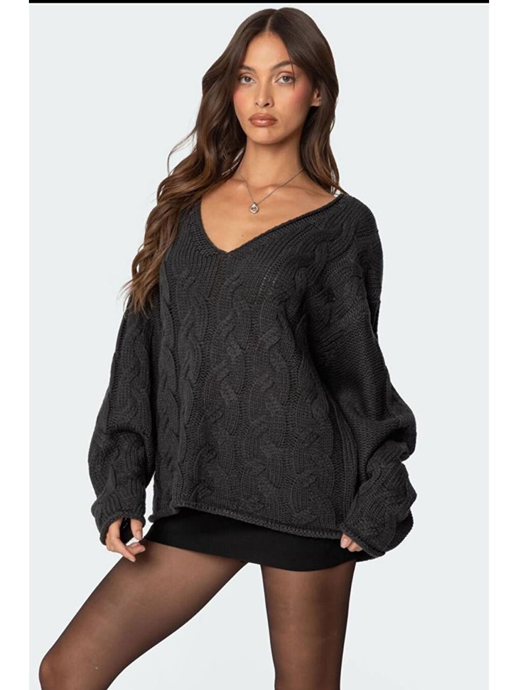 Antrasit V Yaka Örgü Desen Oversize Kadın Kazak Mg2519-8