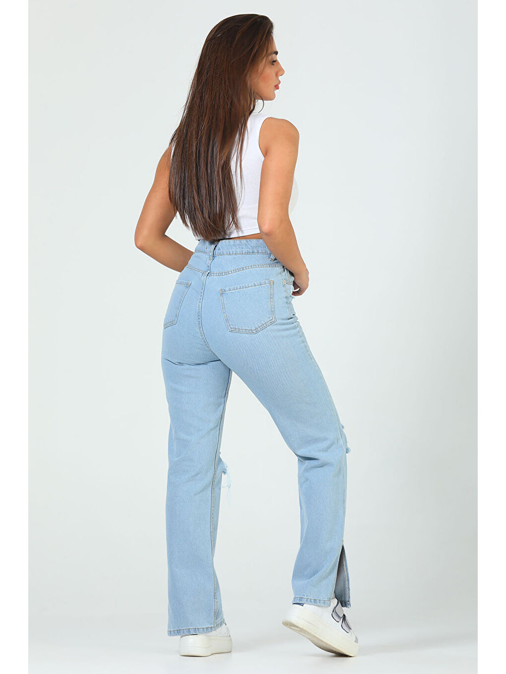 GÜLSELİ Mavi Kadın Yüksek Bel Yırtmaç Detaylı Yırtıklı Jeans Pantolon - 5