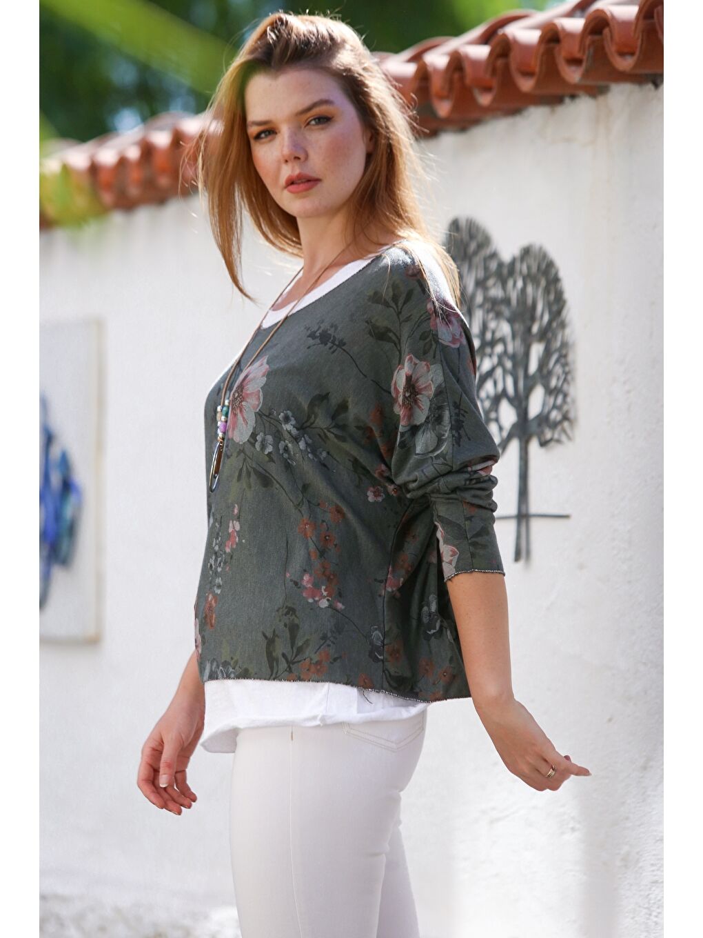 İtalyan Haki Havuz Yaka Uzun Kol Desenli İnce İkili Set İçi Kolsuz Penye Triko Bluz 70 60-6