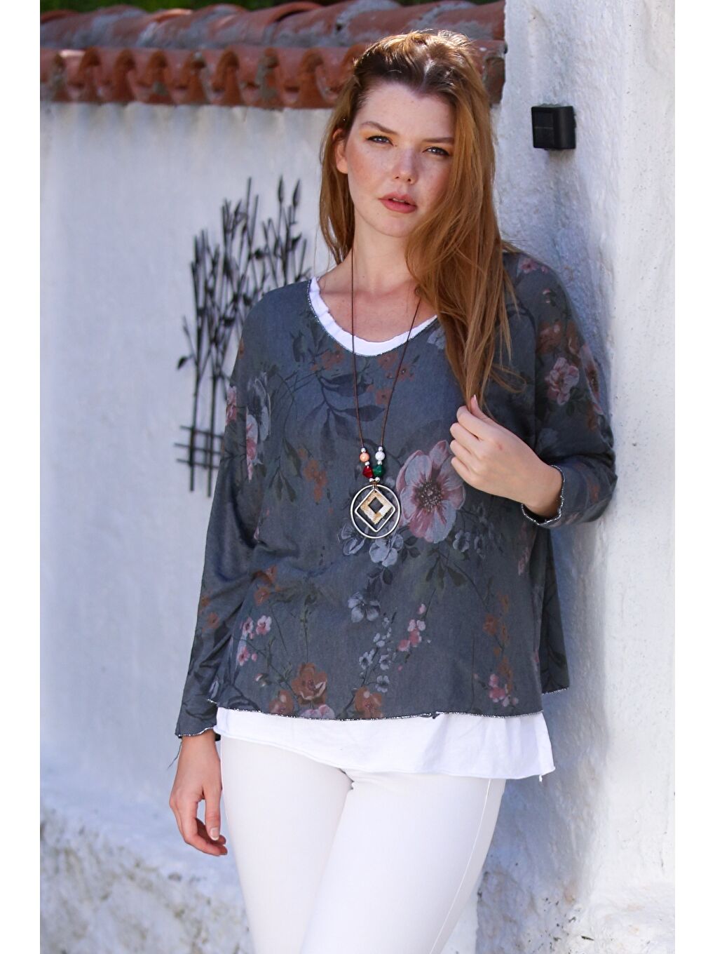 İtalyan İndigo Havuz Yaka Uzun Kol Desenli İnce İkili Set İçi Kolsuz Penye Triko Bluz 70 60-2