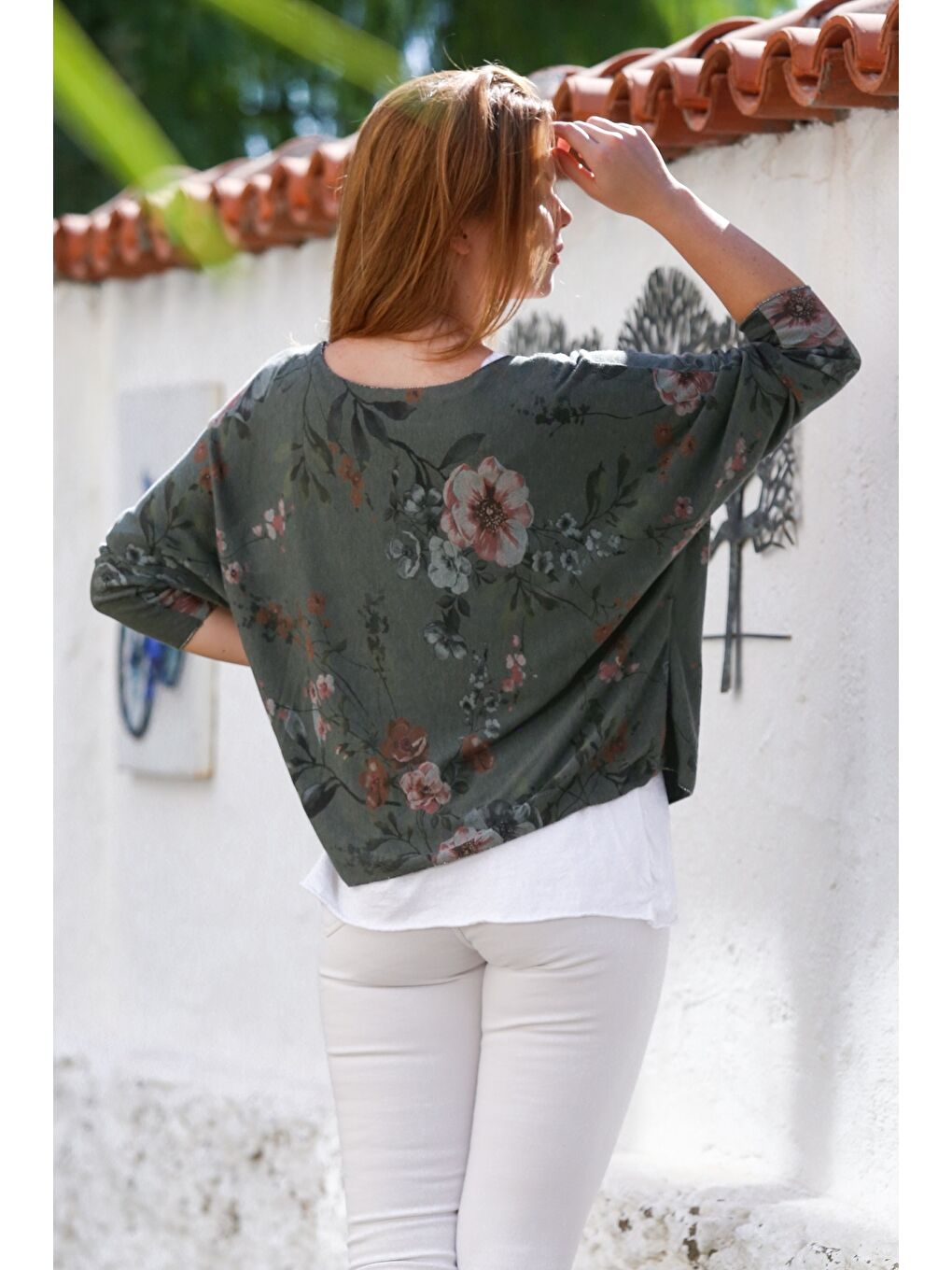 İtalyan Haki Havuz Yaka Uzun Kol Desenli İnce İkili Set İçi Kolsuz Penye Triko Bluz 70 60-7