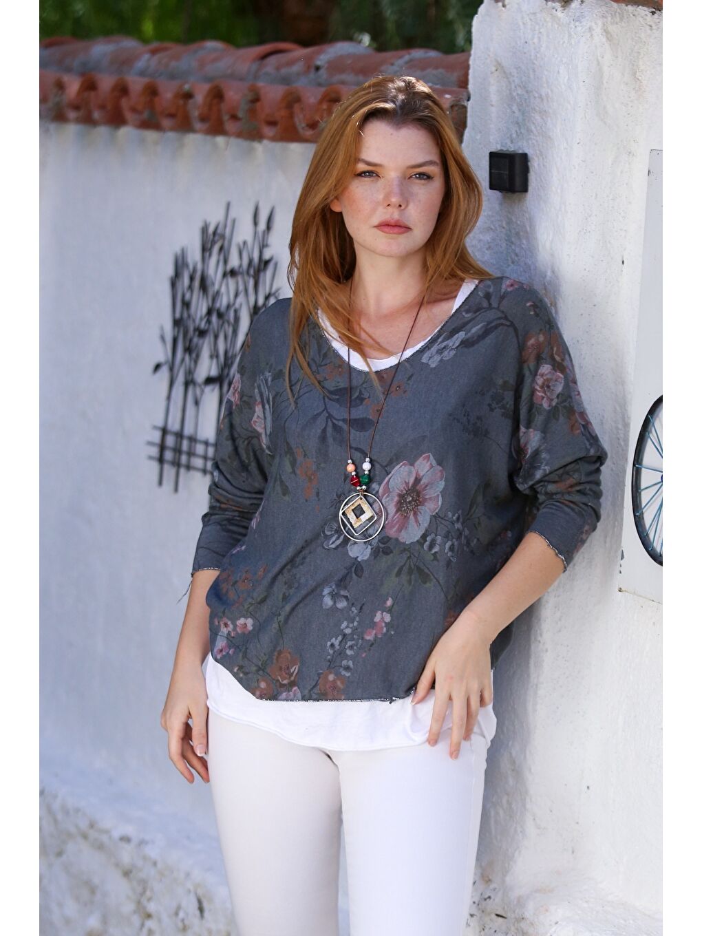 İtalyan İndigo Havuz Yaka Uzun Kol Desenli İnce İkili Set İçi Kolsuz Penye Triko Bluz 70 60-3