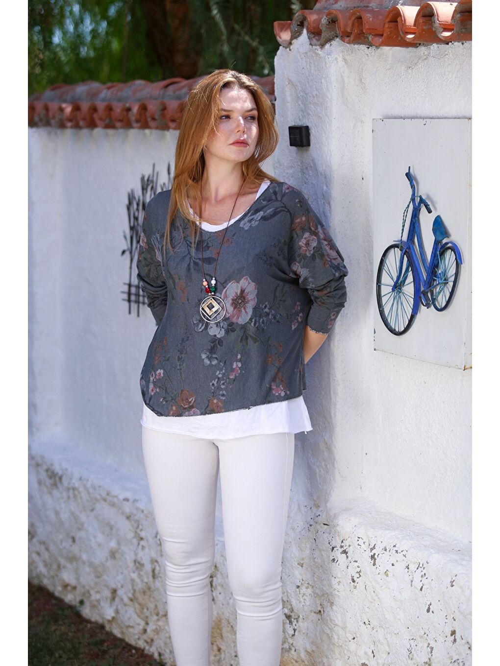 İtalyan İndigo Havuz Yaka Uzun Kol Desenli İnce İkili Set İçi Kolsuz Penye Triko Bluz 70 60-5