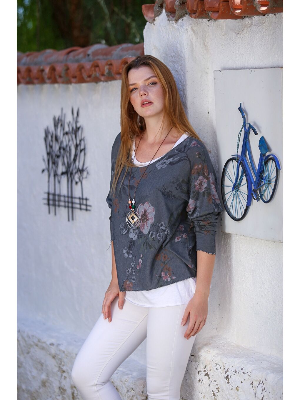 İtalyan İndigo Havuz Yaka Uzun Kol Desenli İnce İkili Set İçi Kolsuz Penye Triko Bluz 70 60-6