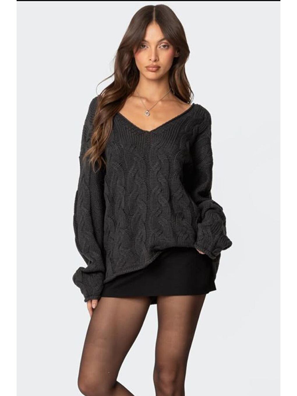 Antrasit V Yaka Örgü Desen Oversize Kadın Kazak Mg2519-9