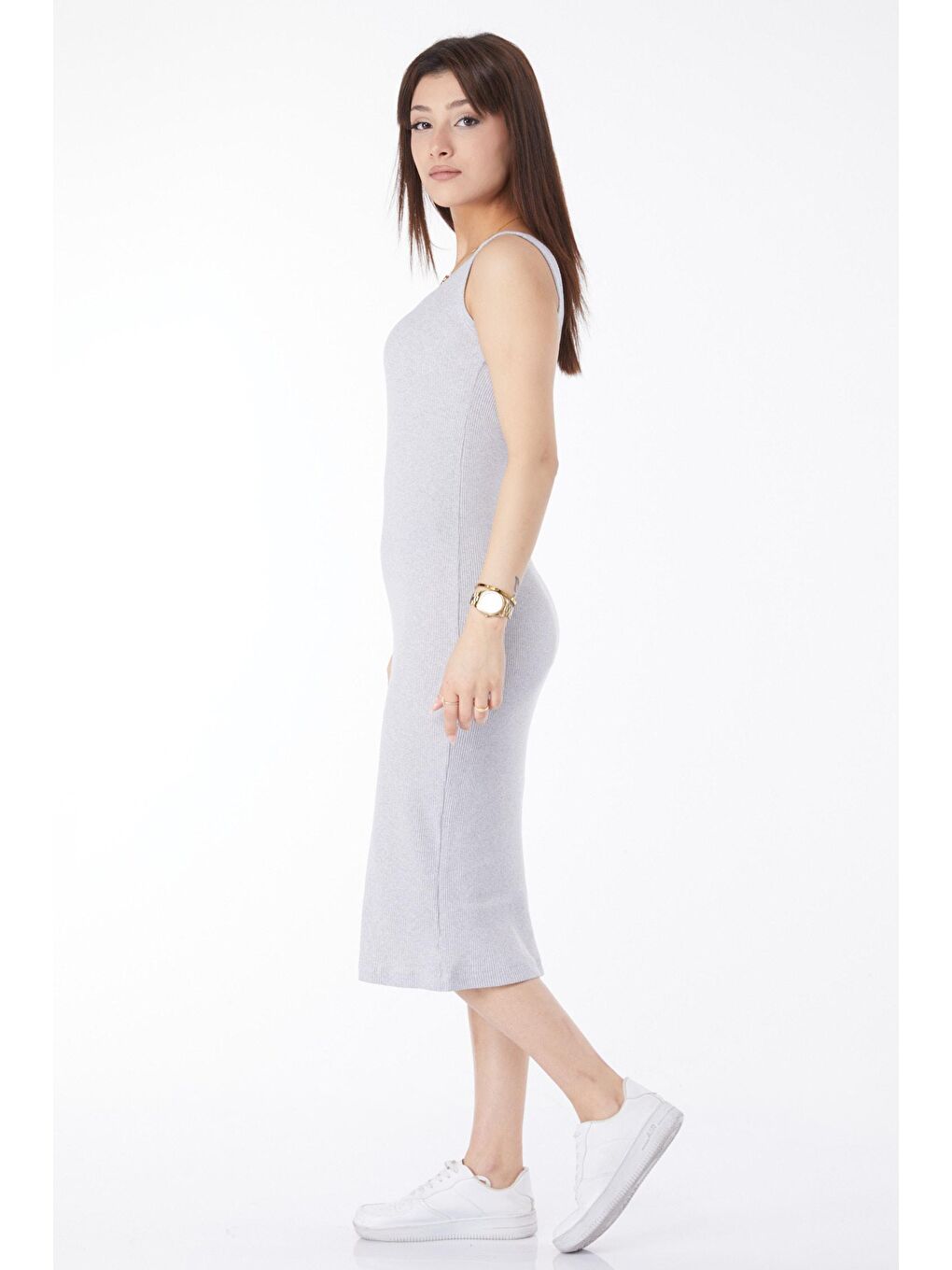 Bisiklet Yaka Kadın Gri Kalın Askılı Elastanlı Midi Elbise - 24527-4