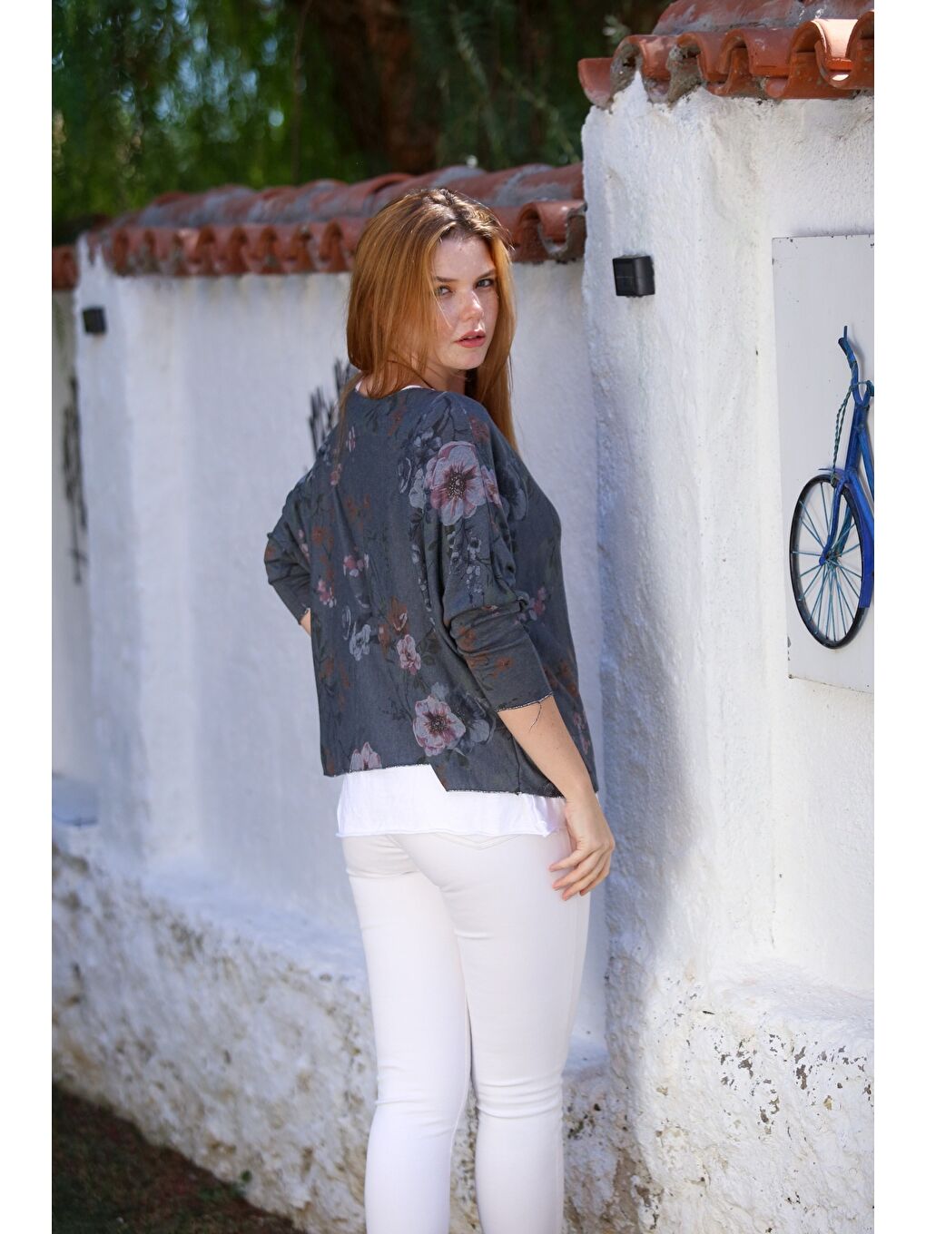 İtalyan İndigo Havuz Yaka Uzun Kol Desenli İnce İkili Set İçi Kolsuz Penye Triko Bluz 70 60-7