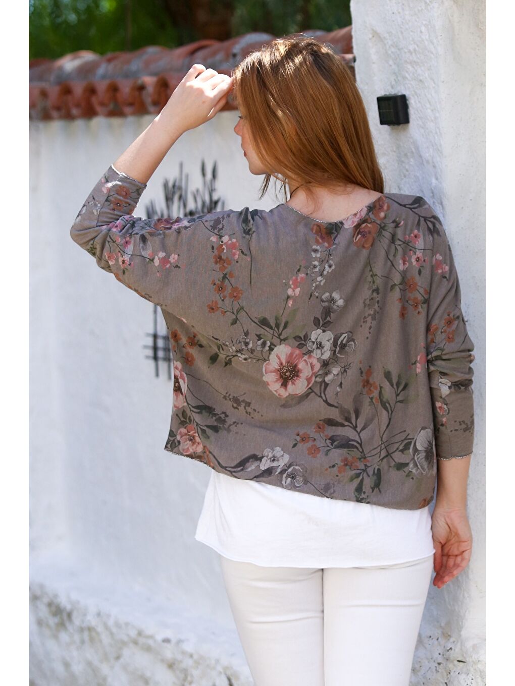 Kahverengi İtalyan Açık Kahve Havuz Yaka Uzun Kol Desenli İnce İkili Set İçi Kolsuz Penye Triko Bluz 70 60-1