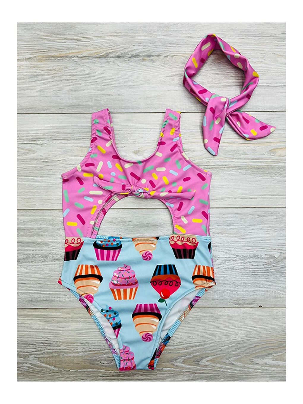 Pembe Bandana Baskılı Kız Çocuk Mayo