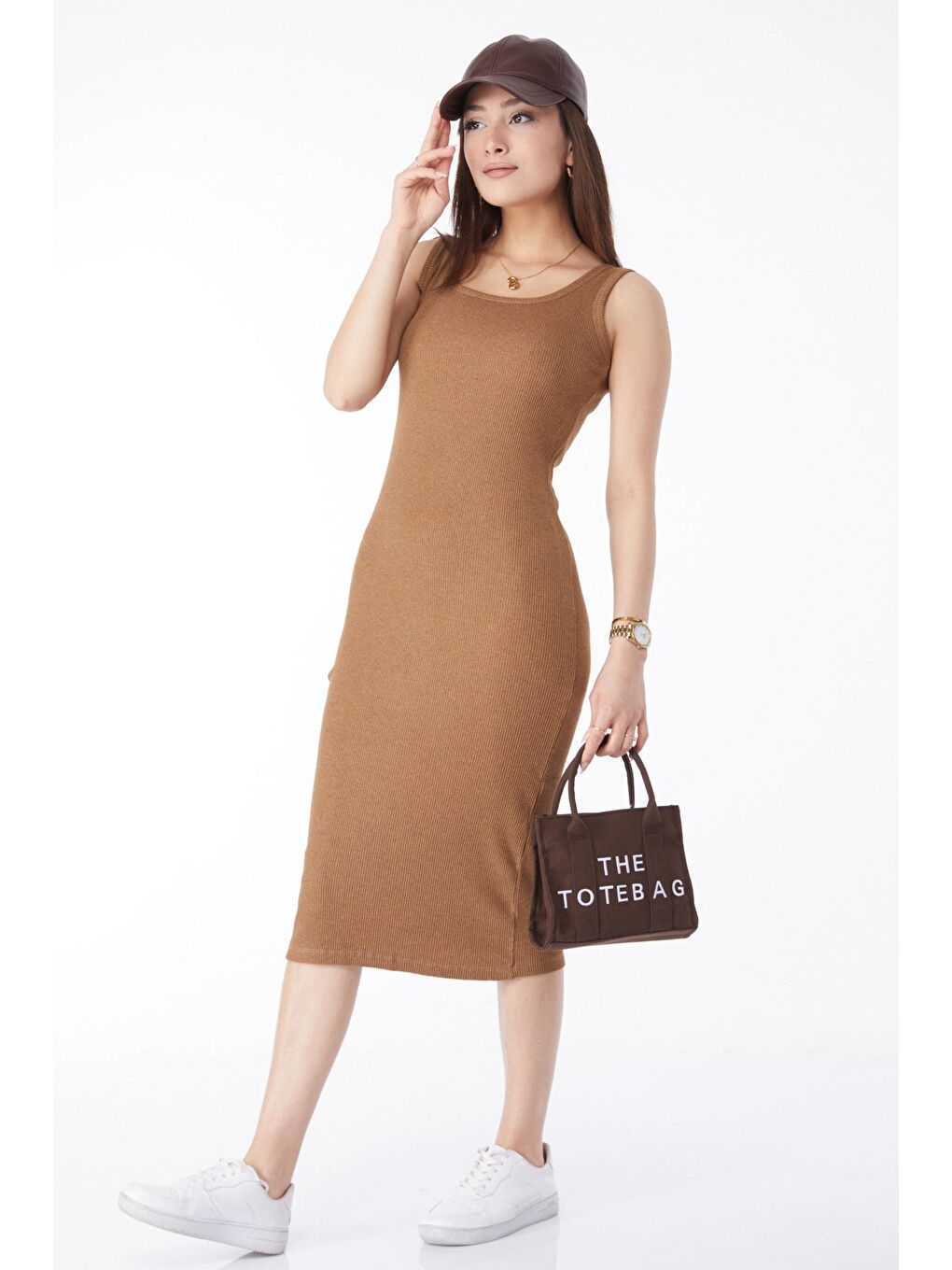 Kahverengi Bisiklet Yaka Kadın Taba Kalın Askılı Elastanlı Midi Elbise - 24527