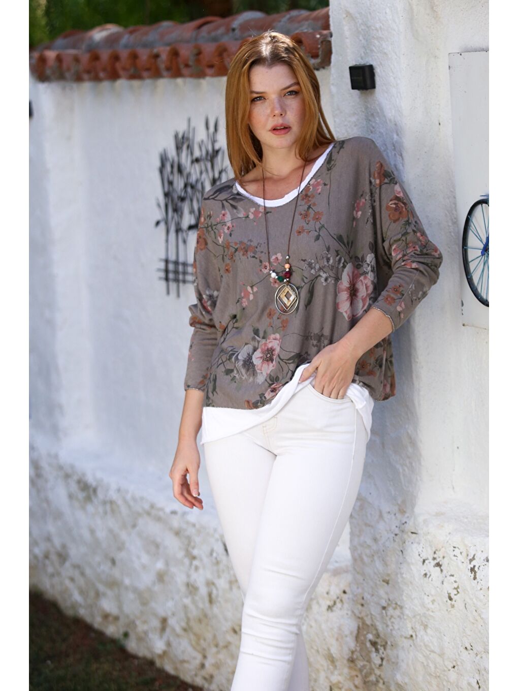 Kahverengi İtalyan Açık Kahve Havuz Yaka Uzun Kol Desenli İnce İkili Set İçi Kolsuz Penye Triko Bluz 70 60-2