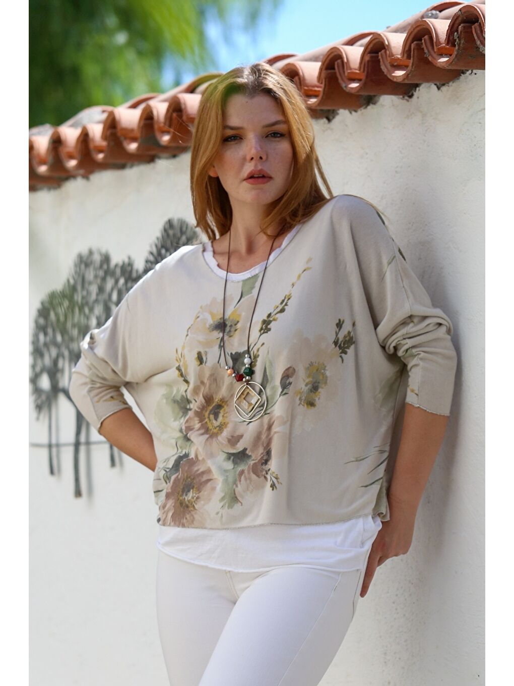 İtalyan Bej Havuz Yaka Uzun Kol Desenli İnce İkili Set İçi Kolsuz Penye Triko Bluz 70 60