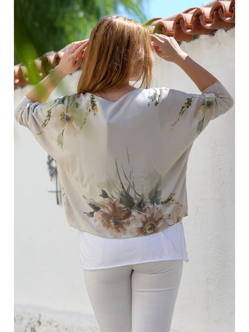 İtalyan Bej Havuz Yaka Uzun Kol Desenli İnce İkili Set İçi Kolsuz Penye Triko Bluz 70 60-1