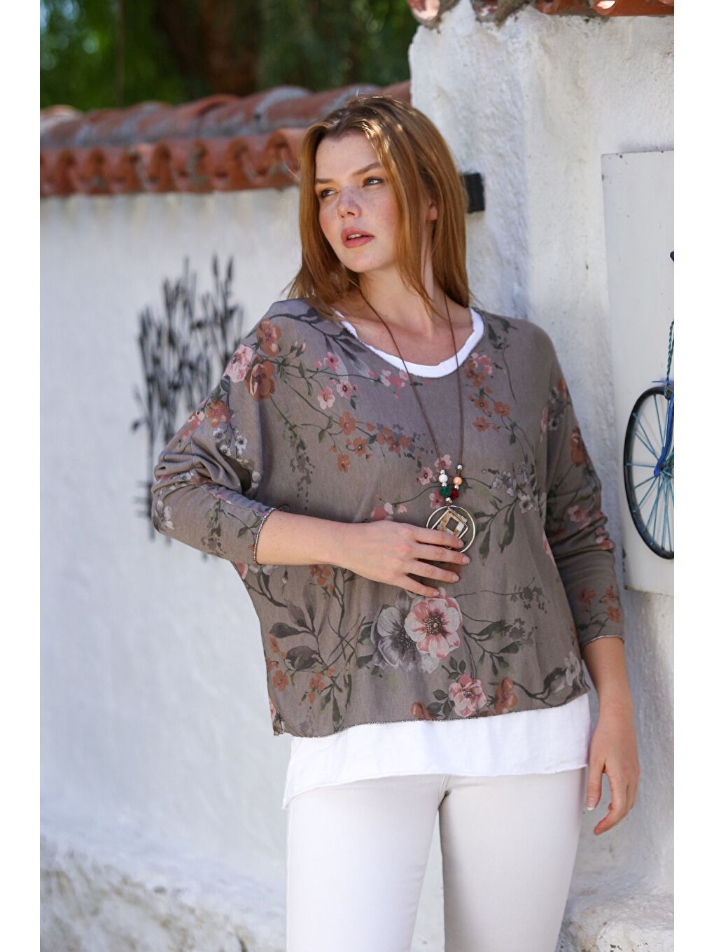 Kahverengi İtalyan Açık Kahve Havuz Yaka Uzun Kol Desenli İnce İkili Set İçi Kolsuz Penye Triko Bluz 70 60-3