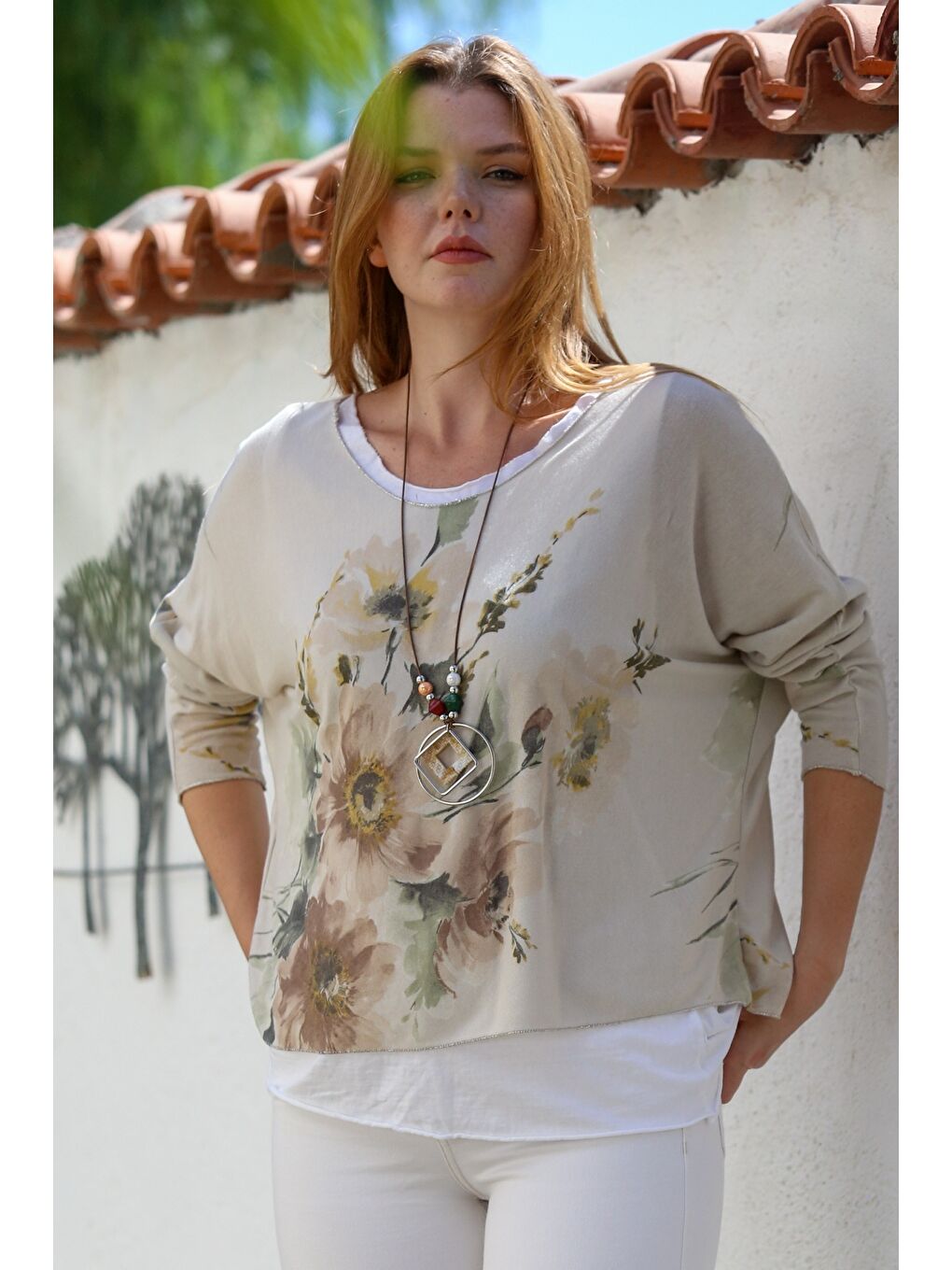 İtalyan Bej Havuz Yaka Uzun Kol Desenli İnce İkili Set İçi Kolsuz Penye Triko Bluz 70 60-3