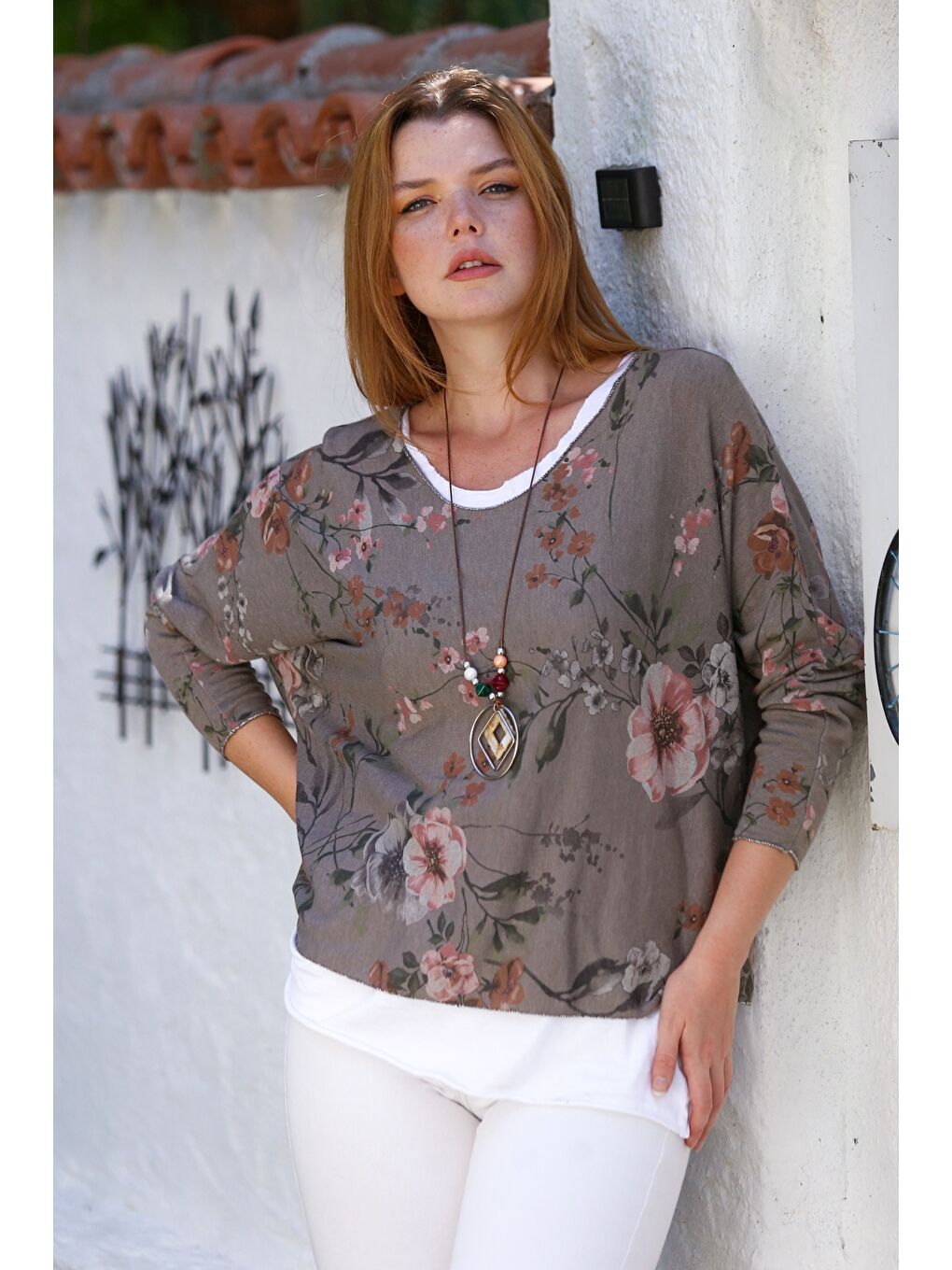 Kahverengi İtalyan Açık Kahve Havuz Yaka Uzun Kol Desenli İnce İkili Set İçi Kolsuz Penye Triko Bluz 70 60-4