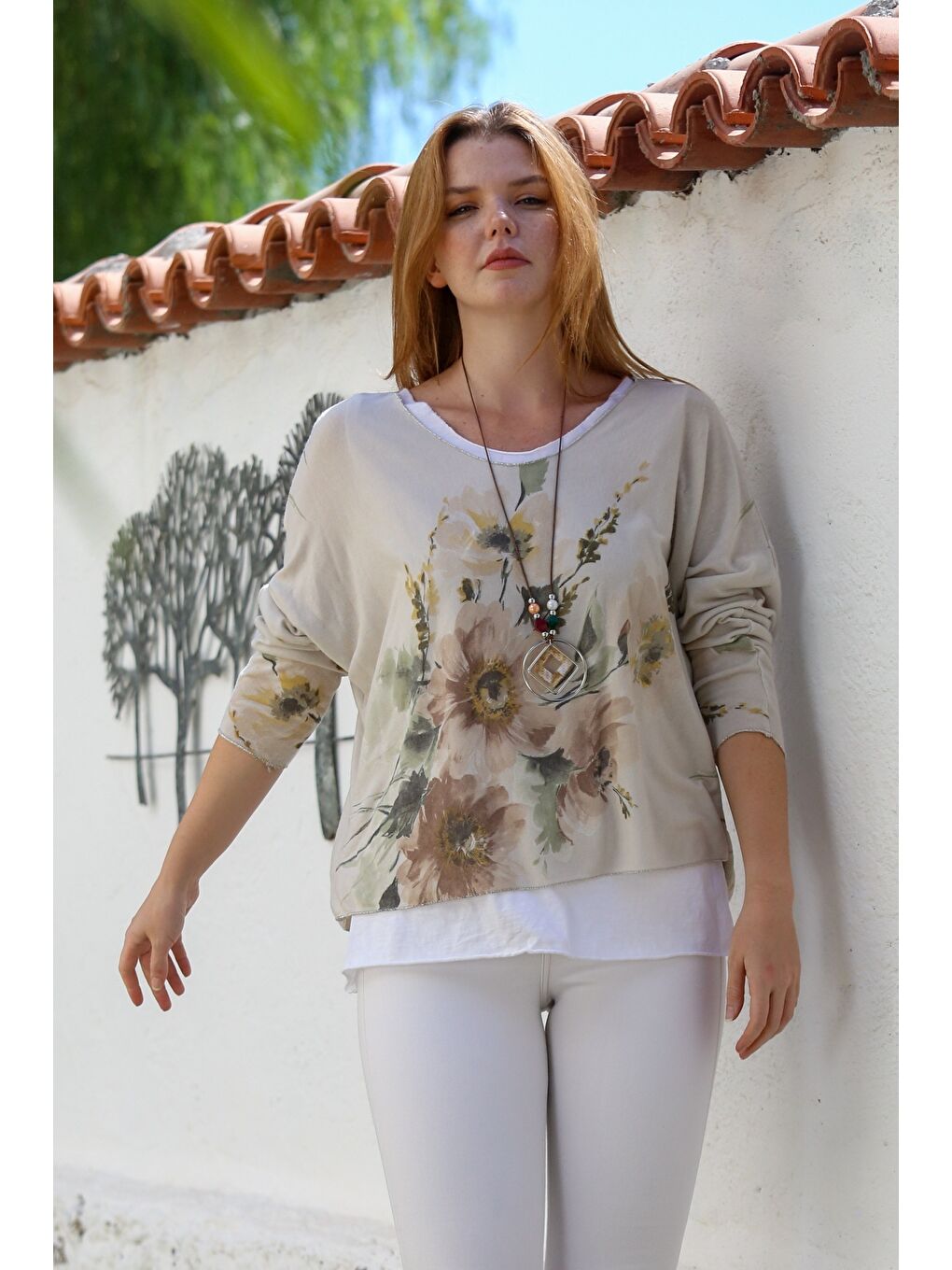 İtalyan Bej Havuz Yaka Uzun Kol Desenli İnce İkili Set İçi Kolsuz Penye Triko Bluz 70 60-4