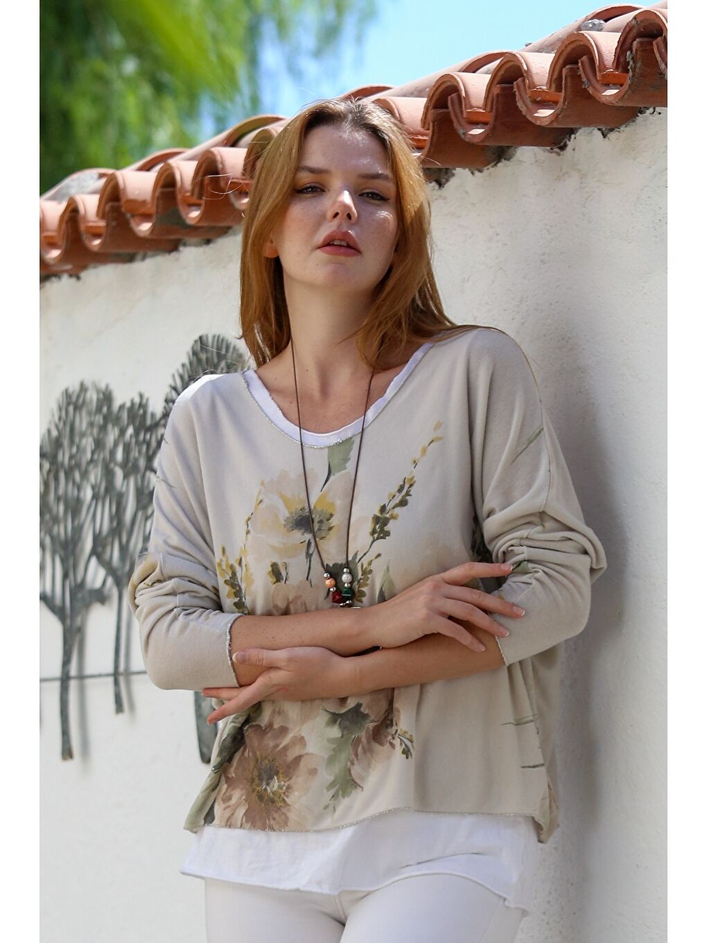 İtalyan Bej Havuz Yaka Uzun Kol Desenli İnce İkili Set İçi Kolsuz Penye Triko Bluz 70 60-5