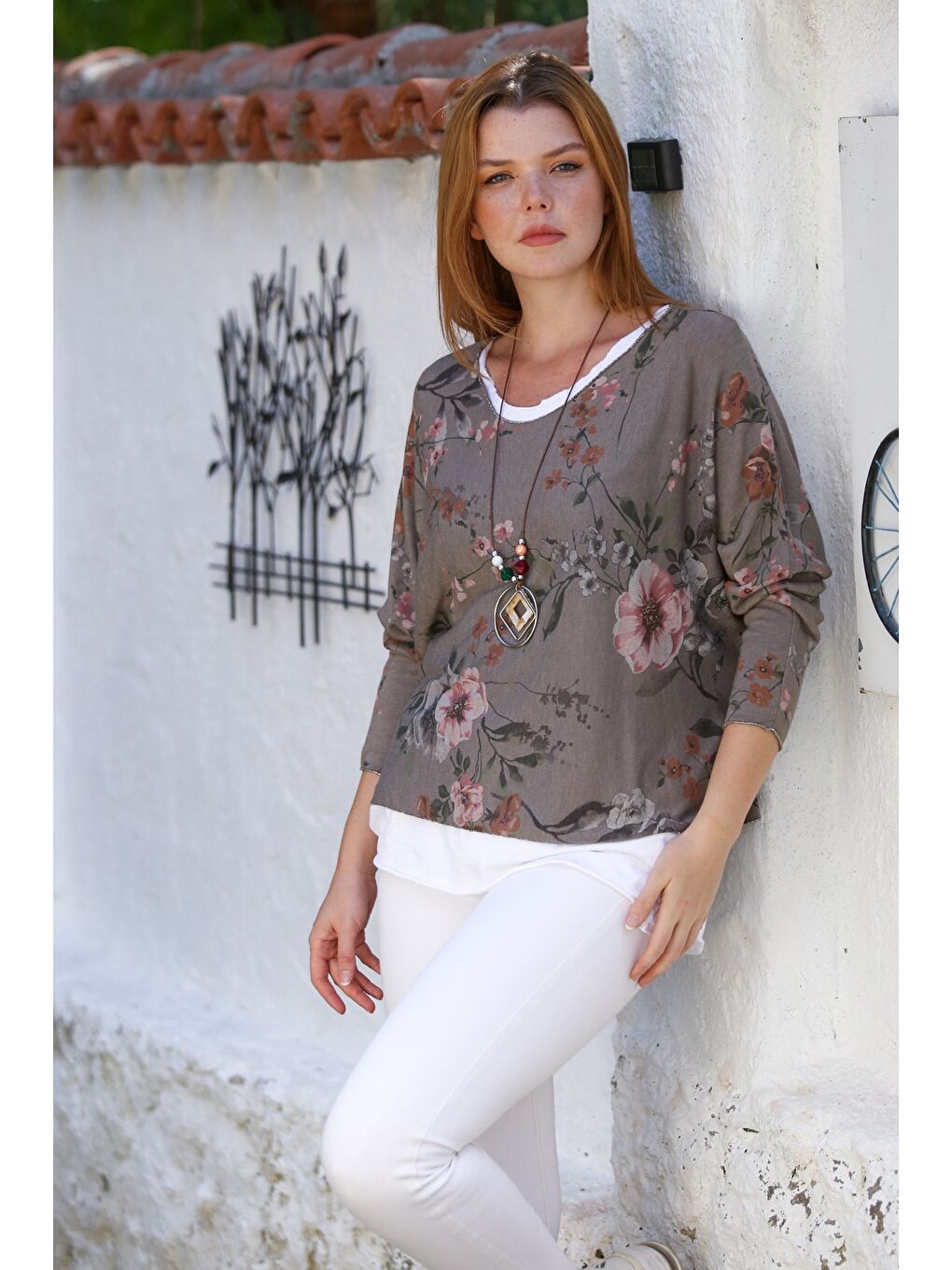 Kahverengi İtalyan Açık Kahve Havuz Yaka Uzun Kol Desenli İnce İkili Set İçi Kolsuz Penye Triko Bluz 70 60-5