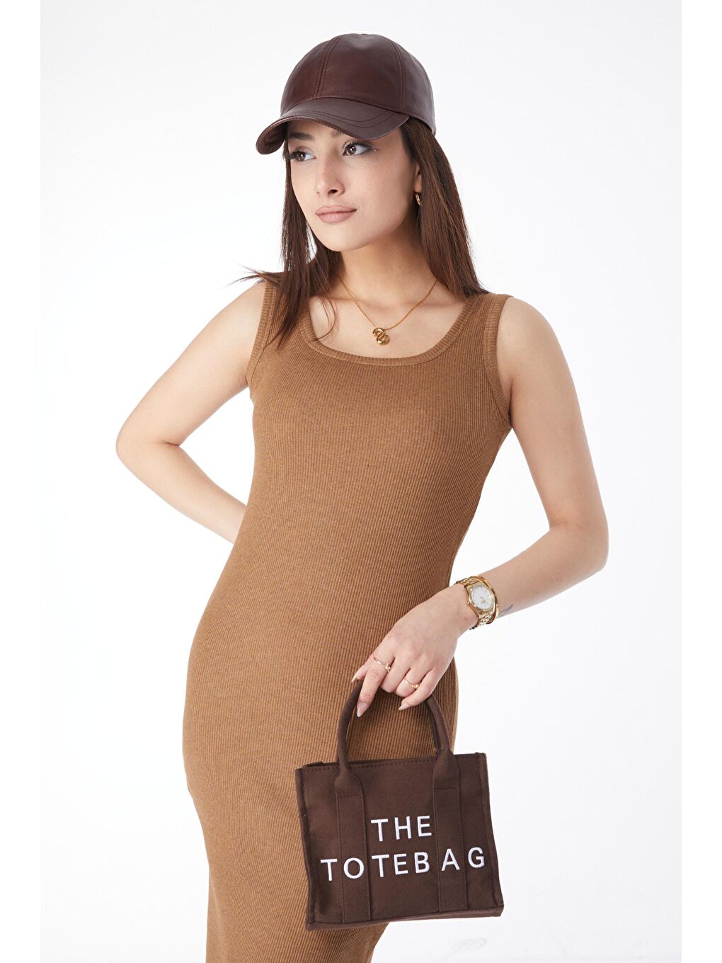 Kahverengi Bisiklet Yaka Kadın Taba Kalın Askılı Elastanlı Midi Elbise - 24527-2