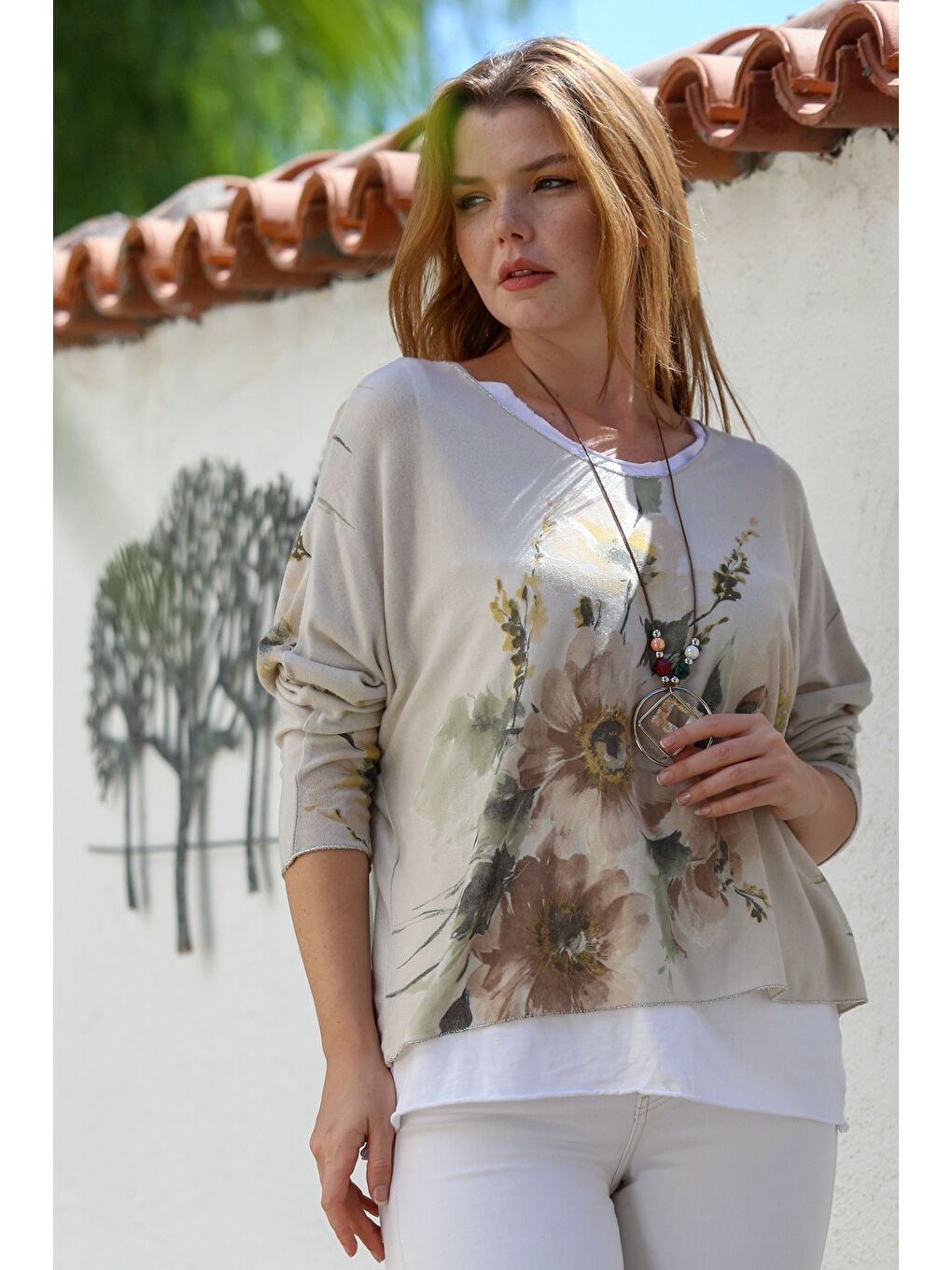 İtalyan Bej Havuz Yaka Uzun Kol Desenli İnce İkili Set İçi Kolsuz Penye Triko Bluz 70 60-6