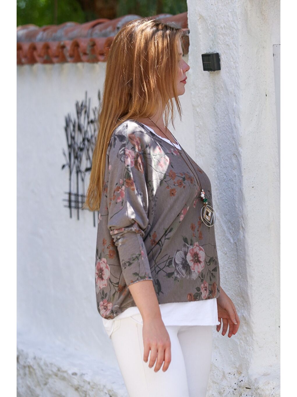 Kahverengi İtalyan Açık Kahve Havuz Yaka Uzun Kol Desenli İnce İkili Set İçi Kolsuz Penye Triko Bluz 70 60-6