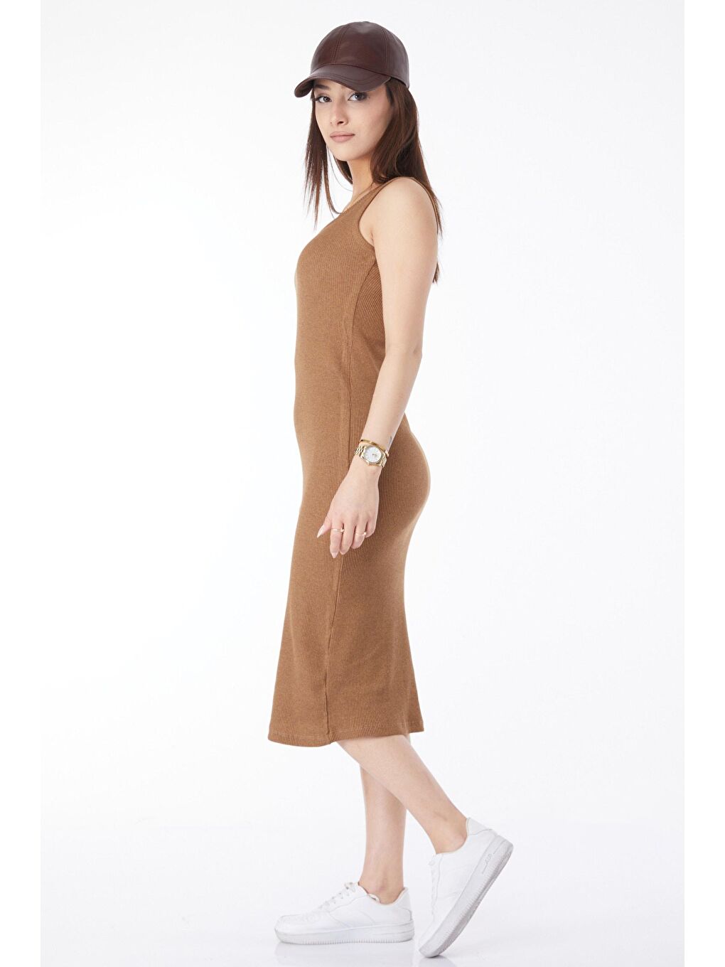 Kahverengi Bisiklet Yaka Kadın Taba Kalın Askılı Elastanlı Midi Elbise - 24527-3