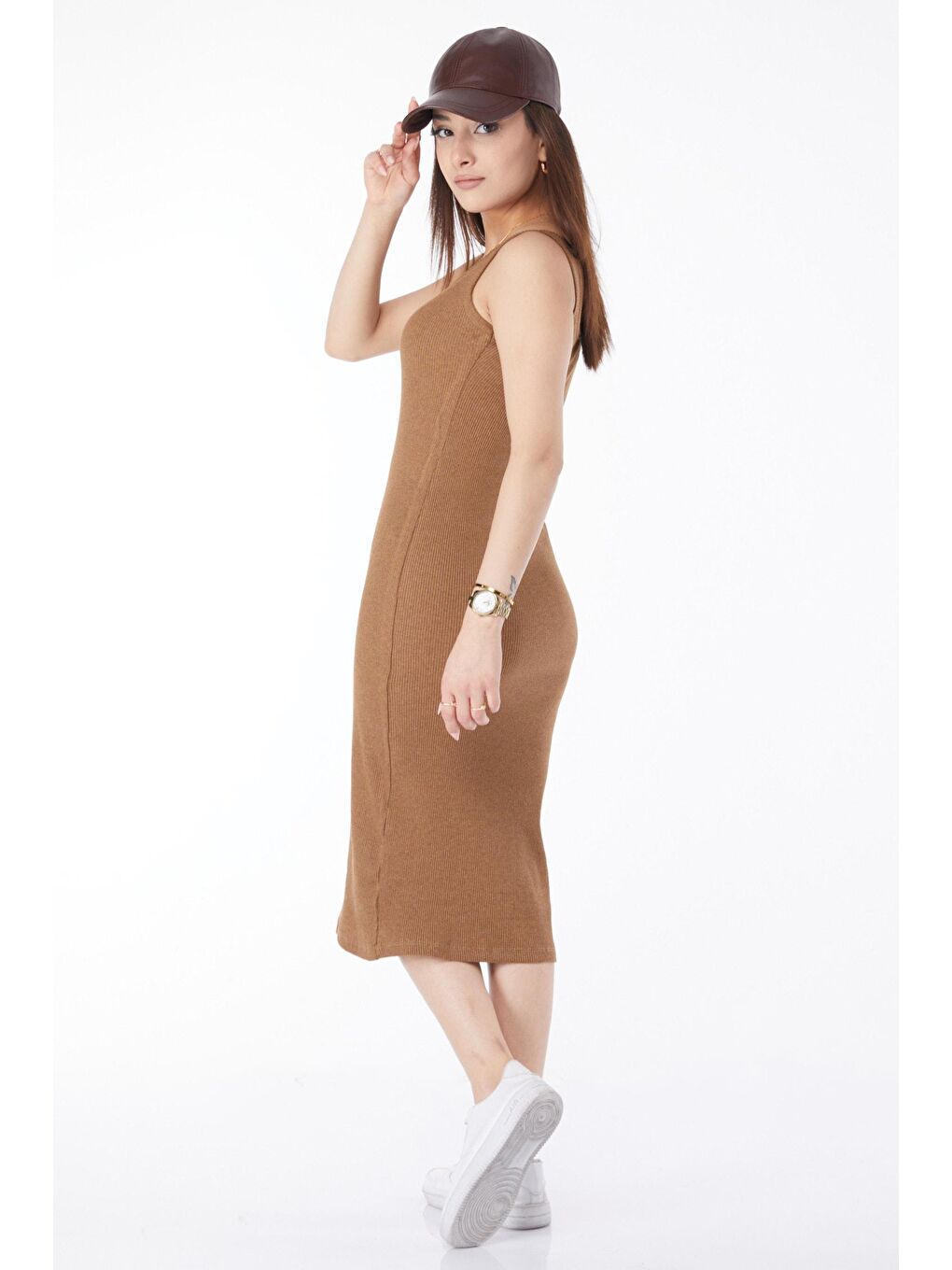 Kahverengi Bisiklet Yaka Kadın Taba Kalın Askılı Elastanlı Midi Elbise - 24527-4