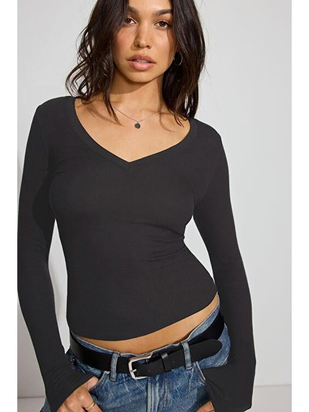 Gri Füme V Yaka Uzun Kollu Kaşkorse Body Mg2192