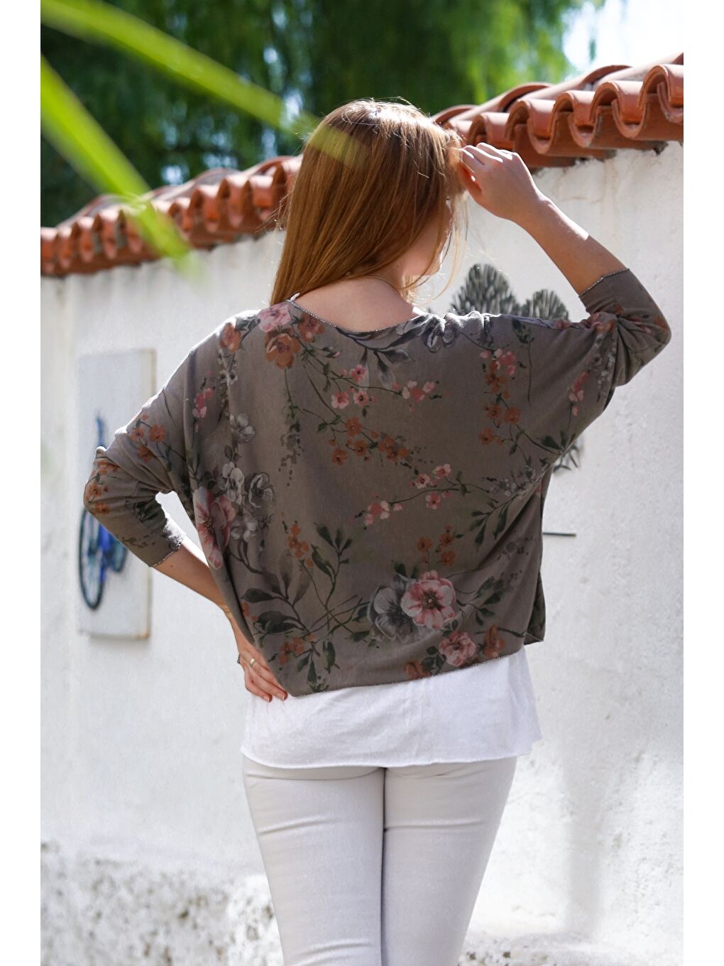 Bej İtalyan Vizon Havuz Yaka Uzun Kol Desenli İnce İkili Set İçi Kolsuz Penye Triko Bluz 70 60-1