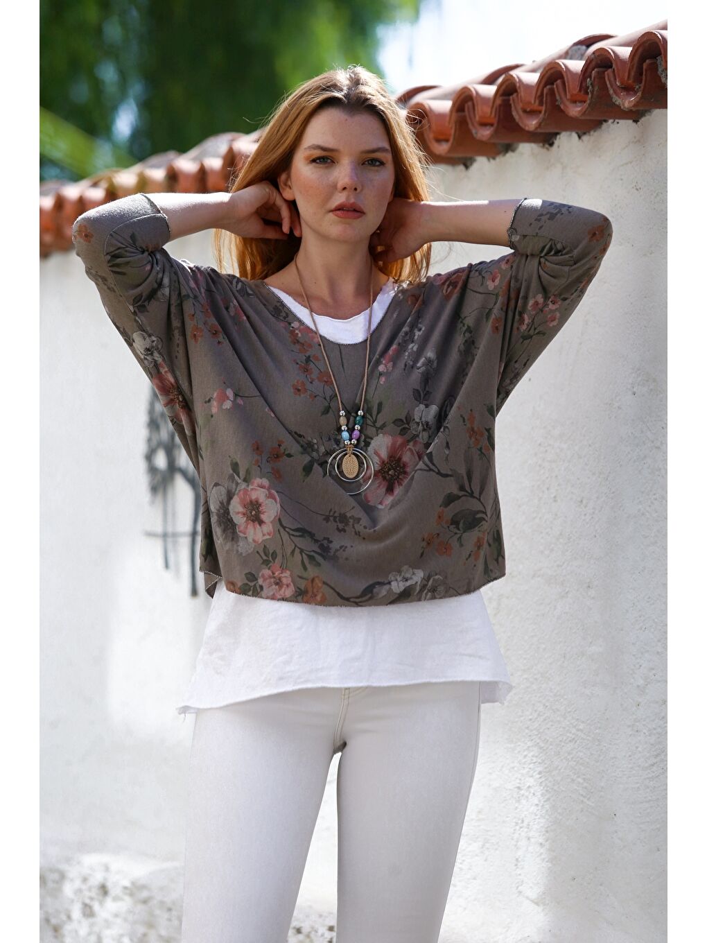 Bej İtalyan Vizon Havuz Yaka Uzun Kol Desenli İnce İkili Set İçi Kolsuz Penye Triko Bluz 70 60-3